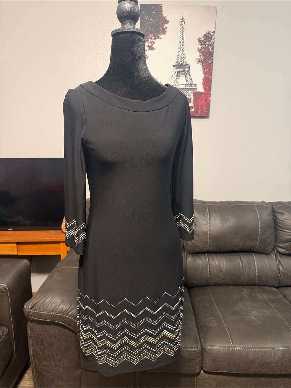 White House Black Market Black Midi Dress with Chevron Embellishment